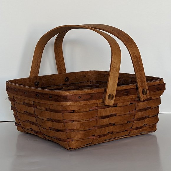 Longaberger Vintage Brown and Red Basket with Wood Handles 10 x 10 x 4 Handmade - Picture 2 of 7